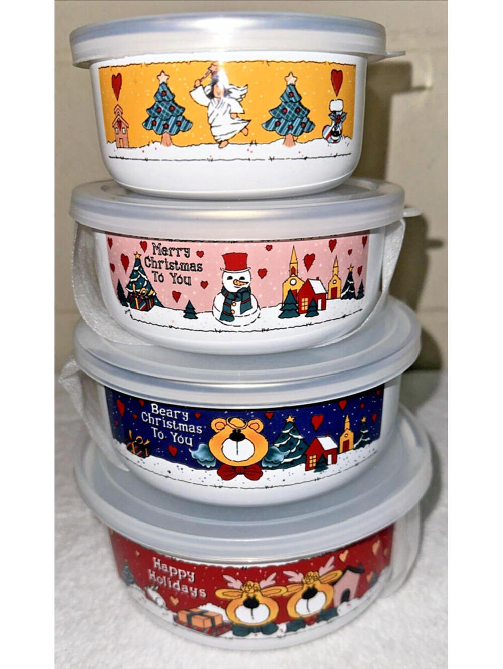 Happy Holidays Cartoon Reindeer Stacking Enamel Christmas Bowl with Lid